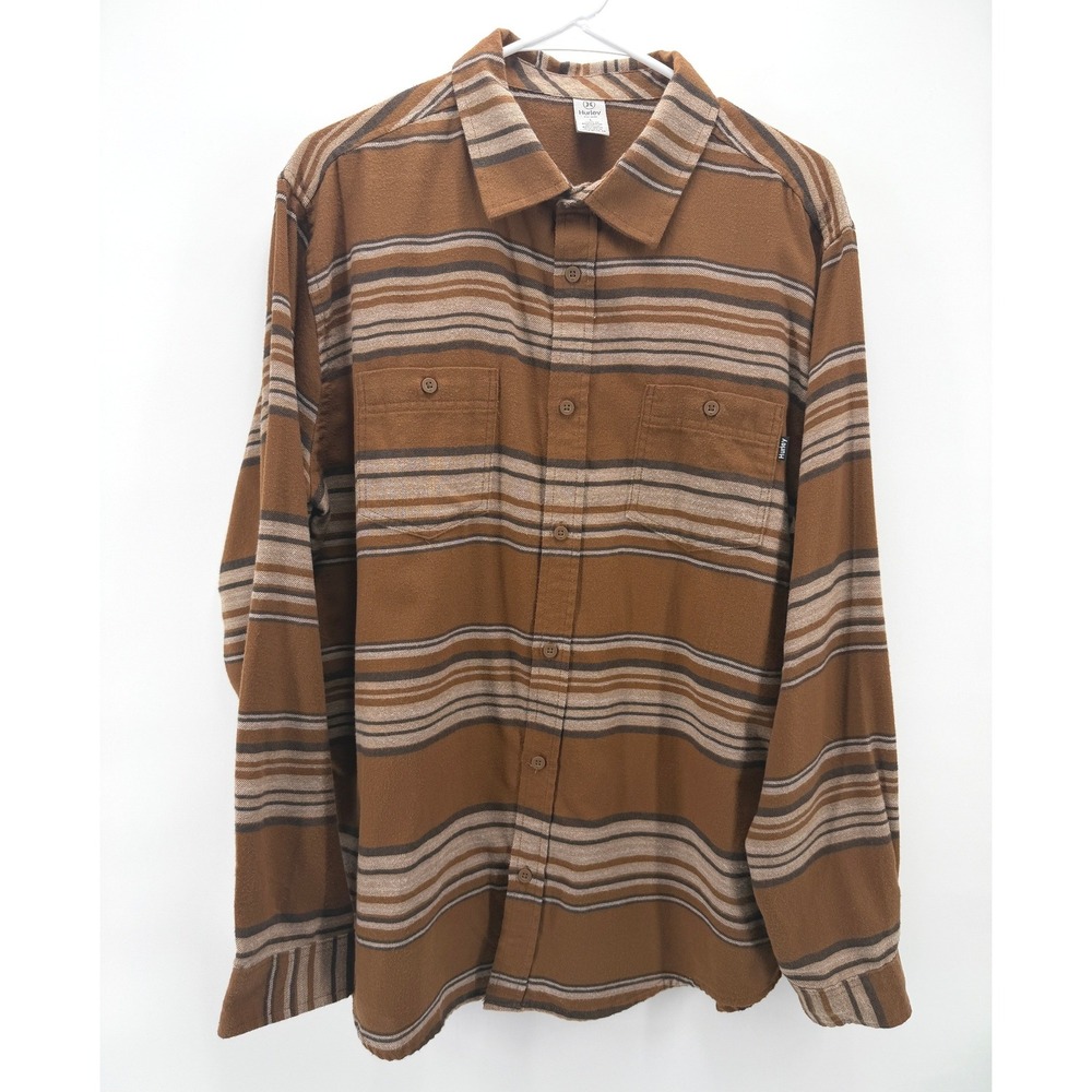 Hurley Portland Flannel Shirt Brown Striped Skater Long Sleeve Button Up Men L